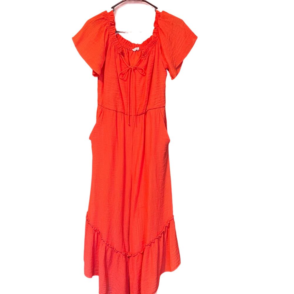 Lush Chiffon Orange Hot Coral Jumpsuit Romper  Flouncy Wide Legs Size M